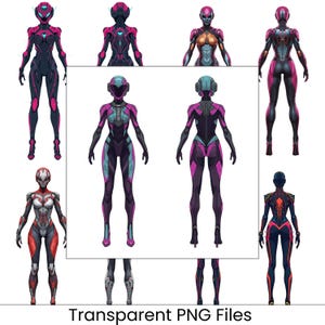 May include: A collection of futuristic, full-body suits in various colors, including black, pink, red, and blue. The suits feature helmets and form-fitting designs, with the text "Transparent PNG Files" at the bottom.