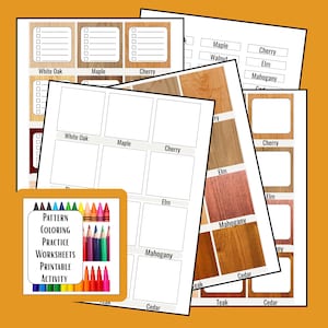 Peut inclure: Une collection de fiches pédagogiques imprimables présentant des textures de grain de bois et des étiquettes incluant White Oak, Maple, Cherry, Walnut, Elm, Mahogany, Cedar et Teak. Un encart carré montre des crayons colorés et le texte Pattern Coloring Practice Worksheets Printable Activity.