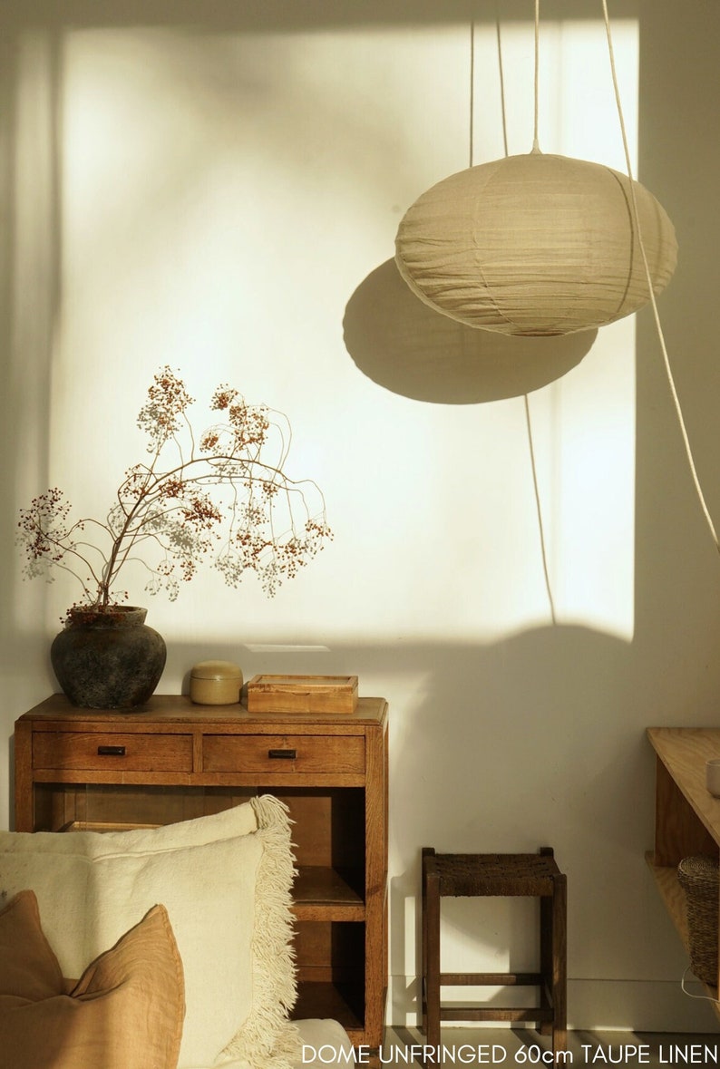 Lámpara colgante tipo domo de lino color topo: Lámpara de techo colgante, iluminación moderna para el hogar en tela neutra imagen 3