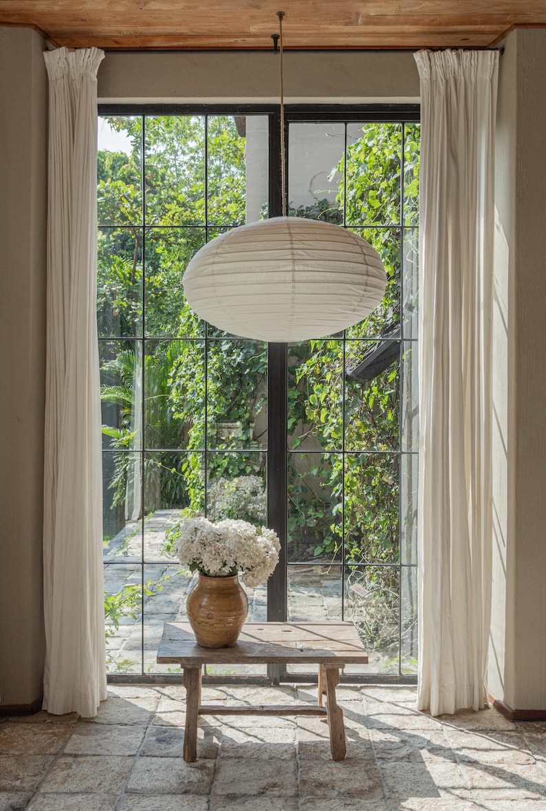 Handcrafted off-white linen dome pendant light with soft curves, modern farmhouse and boho style, handmade ceiling lamp for cozy living rooms, bedrooms, dining areas, or hallways, diffuses warm light evenly, unfringed and fringed options, large statement hanging shade, natural fabric texture, elegant home decor lighting, versatile and timeless design, artisan-made, 60cm and 80cm sizes