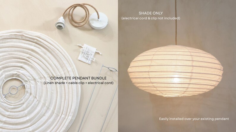 May include: A beige oval-shaped linen pendant light shade with horizontal ribbing. The image shows a complete pendant bundle with an electrical cord and cable clip, alongside a separate shade only option for installation over existing pendants.