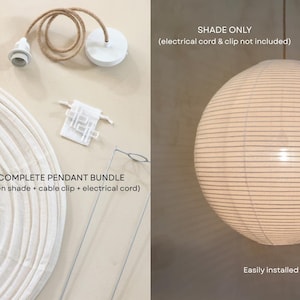 May include: A complete pendant bundle with a linen shade, cable clip, and electrical cord, alongside a white paper lantern shade. The text reads "COMPLETE PENDANT BUNDLE" and "SHADE ONLY". The lantern is easily installed over an existing pendant.