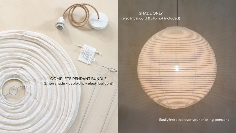 May include: A complete pendant bundle with a linen shade, cable clip, and electrical cord, alongside a white paper lantern shade. The text reads "COMPLETE PENDANT BUNDLE" and "SHADE ONLY". The lantern is easily installed over an existing pendant.