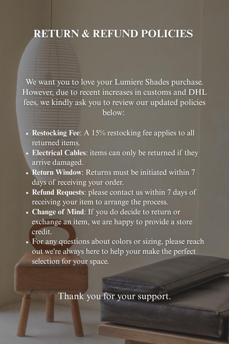 May include: Image displaying the text "RETURN & REFUND POLICIES" with details on returns, restocking fees, and refund requests. The image also shows a wooden stool and a dark gray cushion.