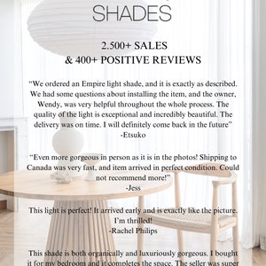 May include: A white paper lantern light shade hangs above a round wooden table with a slatted base and a wooden chair with a woven seat. The text reads LUMI&Egrave;RE SHADES, 2.500+ SALES & 400+ POSITIVE REVIEWS, followed by four customer testimonials.