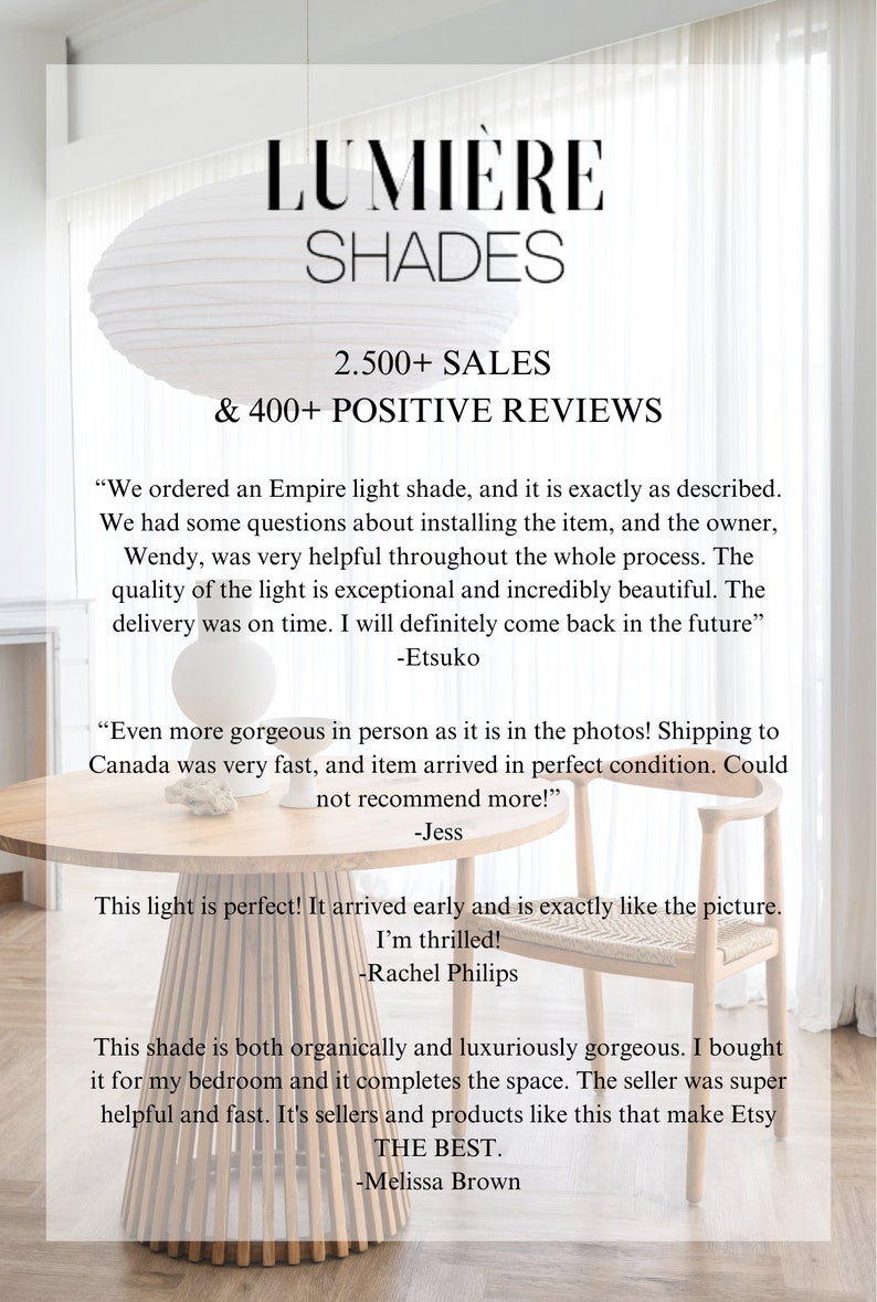 May include: A white paper lantern light shade hangs above a round wooden table with a slatted base and a wooden chair with a woven seat. The text reads LUMI&Egrave;RE SHADES, 2.500+ SALES & 400+ POSITIVE REVIEWS, followed by four customer testimonials.