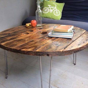 Wooden Cable Drum Reel Round Coffee Living Room Table Metal Industrial Up-cycled Refurbished Reclaimed With Hairpin Legs Handmade