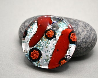 Muranoglas Millefiori, Kettenanhänger, rund, rot grün, orange, silberfarben, Vintage