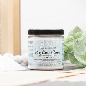 Può includere: Un barattolo trasparente di "Silk Pristine Clean Furniture Cleaner" con coperchio nero, contenente una polvere bianca. L'etichetta indica 237 ml. L'immagine include un mucchio di polvere bianca, vegetazione e un libro.