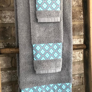 Aqua/Grey diamonds Customized towel sets