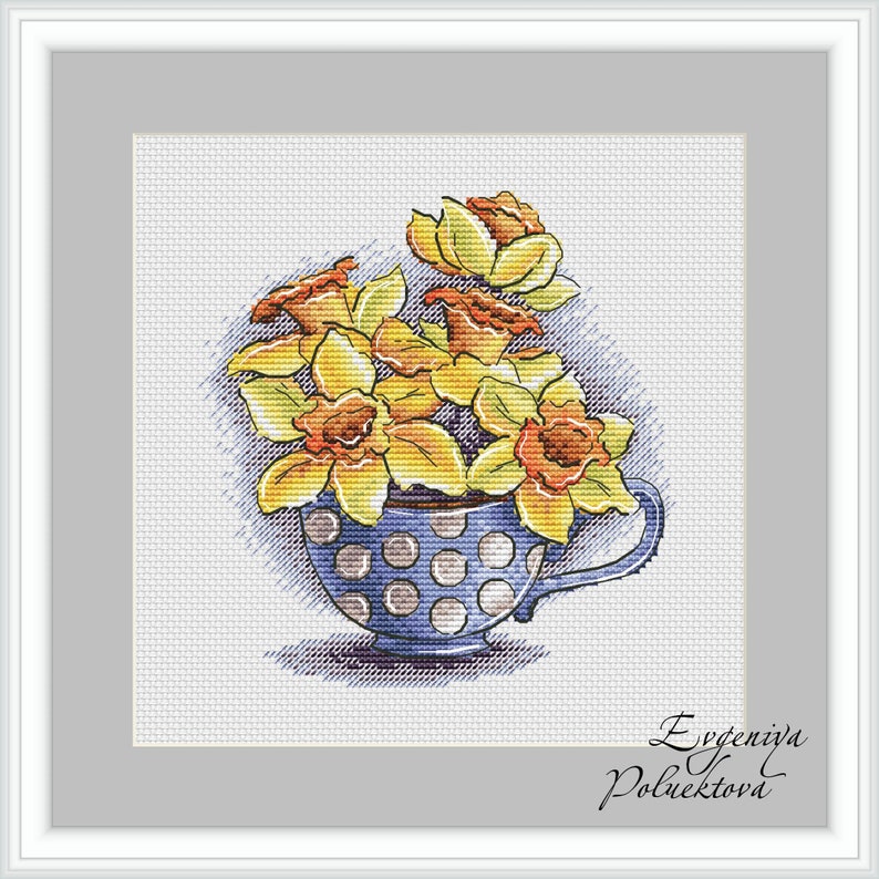 Spring Flower Decor Cross Stitch Pattern Yellow Primroses Instant Download PDF Flower Cup Ornament Floral Embroidery Daffodils Bouquet