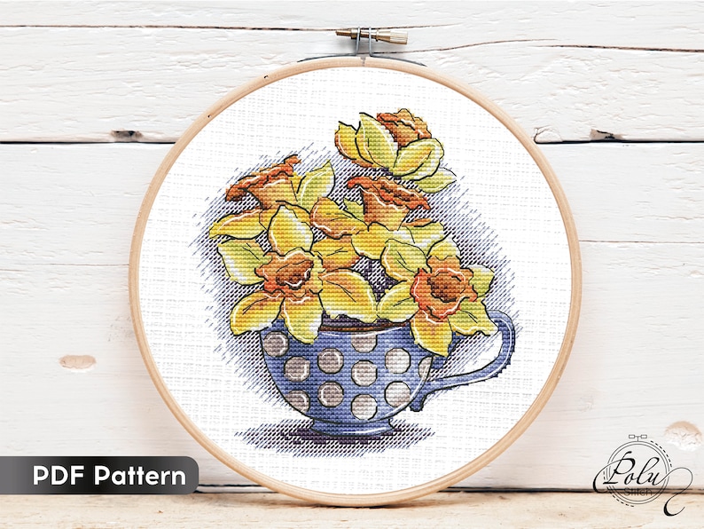 Spring Flower Decor Cross Stitch Pattern Yellow Primroses Instant Download PDF Flower Cup Ornament Floral Embroidery Daffodils Bouquet