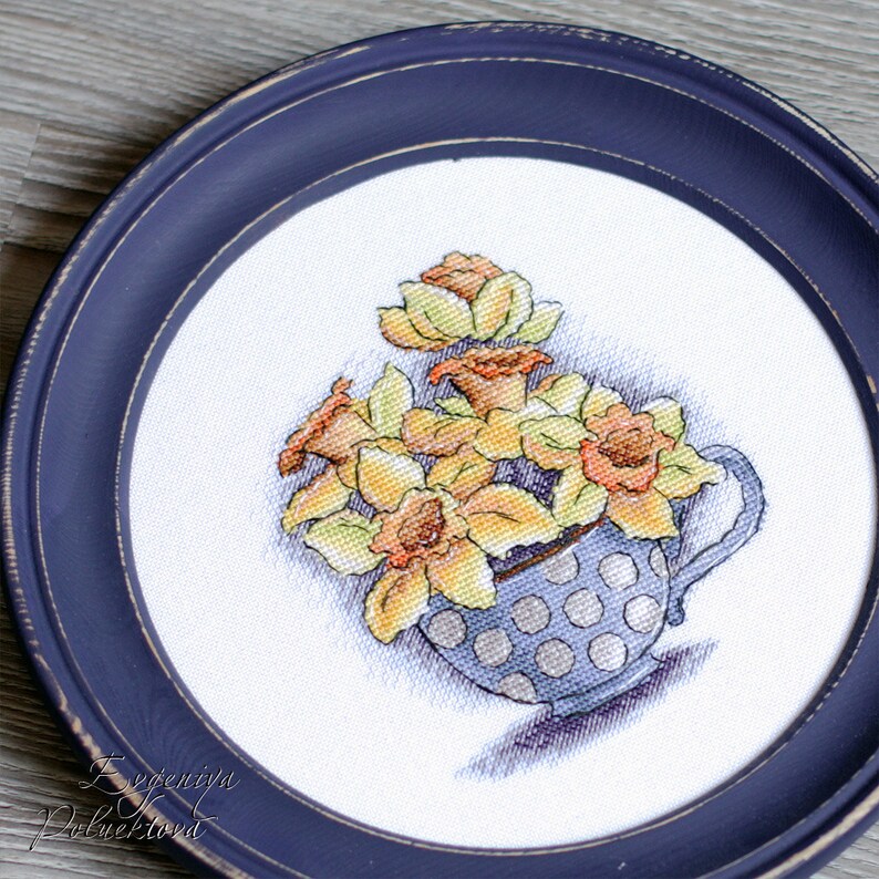 Spring Flower Decor Cross Stitch Pattern Yellow Primroses Instant Download PDF Flower Cup Ornament Floral Embroidery Daffodils Bouquet