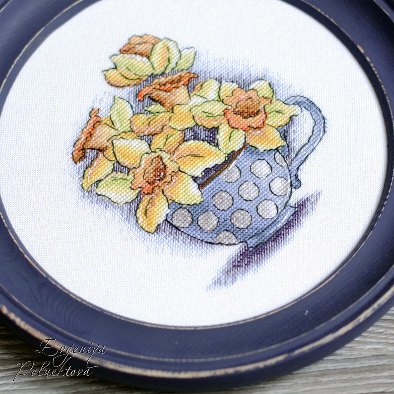Spring Flower Decor Cross Stitch Pattern Yellow Primroses Instant Download PDF Flower Cup Ornament Floral Embroidery Daffodils Bouquet
