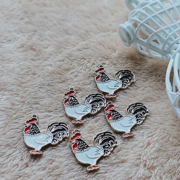 10Pcs Animal Chicken Charm,Gold Enamel Cock Charm Pendant Craft Necklace Charm Earring charms Supplies 23*24mm