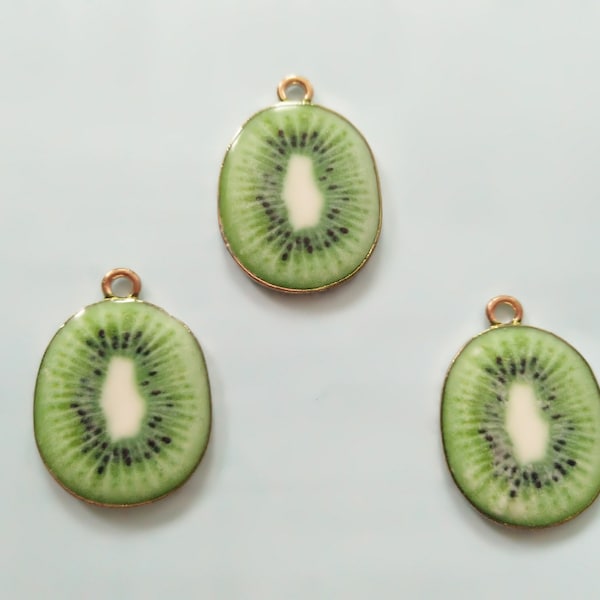 10Pcs Enamel Kiwifruit Charm, Cute Fruit Charm, 3D Kiwi charms Gold Tone Charms Craft Supplies 19*26 mm