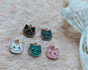 10Pcs Enamel Cat Charm, Cute Animal Kitty Charm,Animal Face charms Gold Tone Charms Craft Supplies 15*15 mm