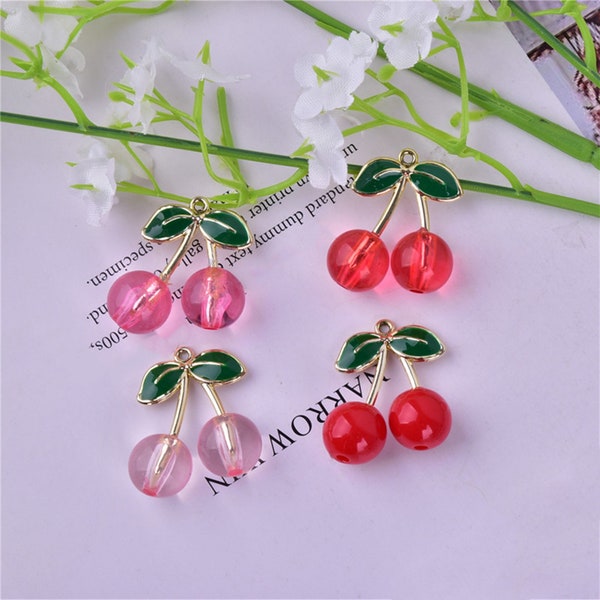 4 Color Cherry Charm, Fruit Charm,Red Pink Rose Red Cherry Charms for Earring Necklace Key Chain Craft Supplies