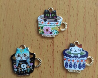 10 30 Guldmetall Katt Berlock Hängsmycke, Katt Kaffekopp Berlock Kollektion, Blomma Katt Katt Hängsmycken Berlocker för Halsband Örhängen DIY Smycken