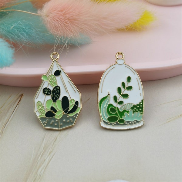 10Pcs Cute Cactus Potted Plant Enamel Charm,Flower Charm Pendant,Gold Tone charm for Bracelet Earring Jewelry Craft Supplies