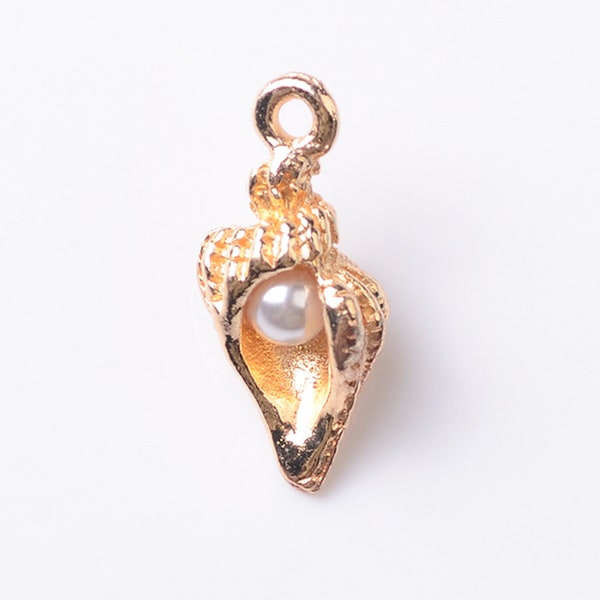 10Pcs Conch Imitation Pearl inlay DIY Charm Golden Metal Pendants,Charms Ocean Conch for Necklace Bracelet Jewelry Making Accessories