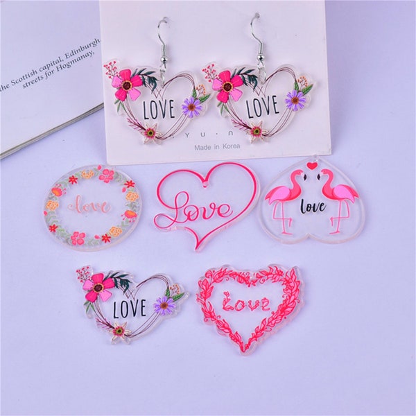 10Pcs Acrylic Heart Flower Charms Letter Animal Flamingo Valentine's Day Charm for DIY Earring Pendant Jewelry Making