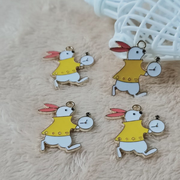 10Pcs Enamel Cartoon Rabbit Charm, Cute Bunny Clock Charm, Gold Tone Charms Craft Supplies 25*27mm