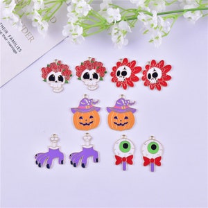 10Pcs Enamel Halloween Skeleton Charm Cartoon Skull Pumpkin Palm Eye Charm Metal Charms Diy Earring Bracelet Necklace Pendant Craft Supplies