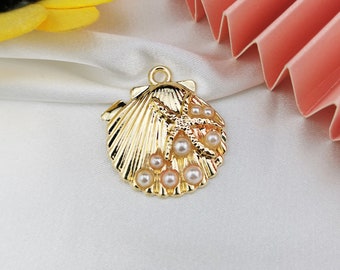 10Pcs Gold Metal Pearl Starfish Shell Charm, Sea Pearl conch Charm Pendant Craft Necklace Bracelet Keychain Charm Earring charms Supplies