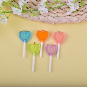 5 Colorful Lollipop Charms Flat back Glitter Star Resin Candy Cabochons Charm for Pendant Necklace Earrings Diy Making