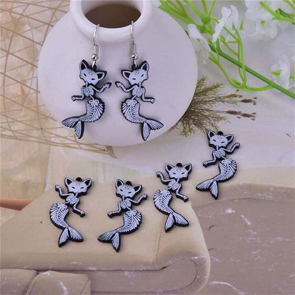 10 30 Halloween Skull Acrylic Mermaid Cat Charms,Cartoon Animal Bone Charm Pendant for DIY Earring Key Chain Jewelry Making