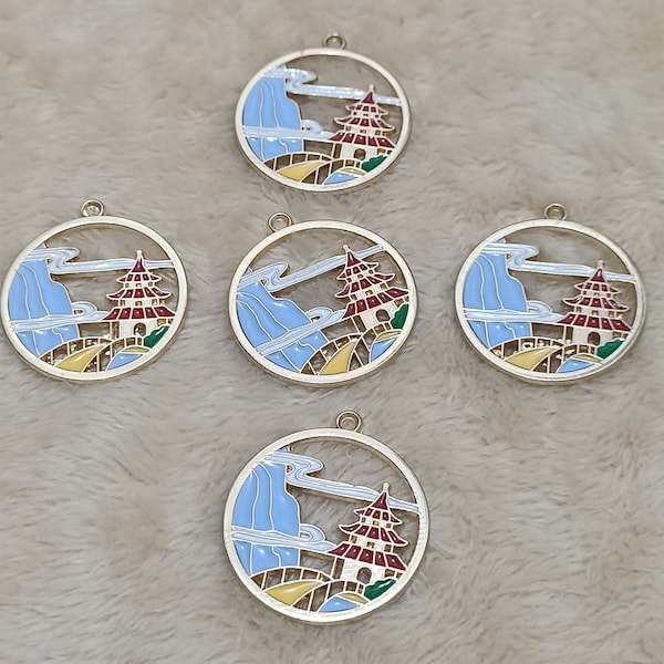 10pcs/pack Hollow Rund Enamle Park Mountain Charms Metal Pendant Golden Color Necklace Earring DIY Fashion Jewelry Accessories