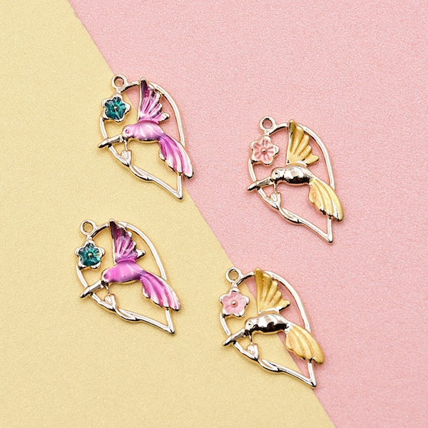 10Pcs Gold Bird Flower Charm, Enamel Birds Charm Pendant, Magpie Wreath charm Earring Jewelry, Personalized Gift,Craft Supplies 18*30mm