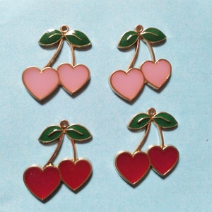 10Pcs Cherry Charm,Enamel Fruit Charm,Gold Heart Charm,Leaf Charm Pendant Craft Supplies 27*32mm