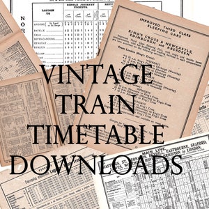 Puede incluir: Descargas de horarios de tren antiguos. La imagen presenta una colección de documentos de papel envejecidos con texto, incluidos horarios e información de tarifas. El texto "Vintage Train Timetable Downloads" está superpuesto.