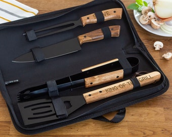 Personalised Premium Black & Wood BBQ Cooking Set