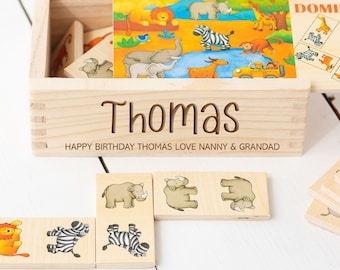 Personalised Safari Wooden Domino Toy Set