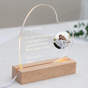 Placa con foto y mensaje iluminado de corazón personalizado con soporte, regalo de aniversario, placa con foto, regalo personalizado, sentimental, recuerdo