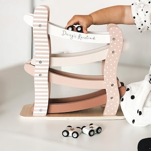 Personalised Wooden Pastel Pink Car Roller with Cars