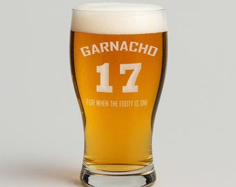 Personalised Father's Day Football T Shirt Name Engraved Pint Glass, Personalised Gift, Football Gift, Birthday, Engraved, Beer Glass