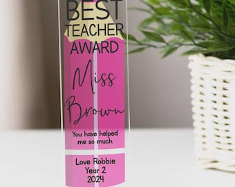 Personalised Best Teacher Pencil Acrylic Plaque, Teacher's Gift, Personalised Gift, Teaching Assistant, School, End of Term, Desk Sign