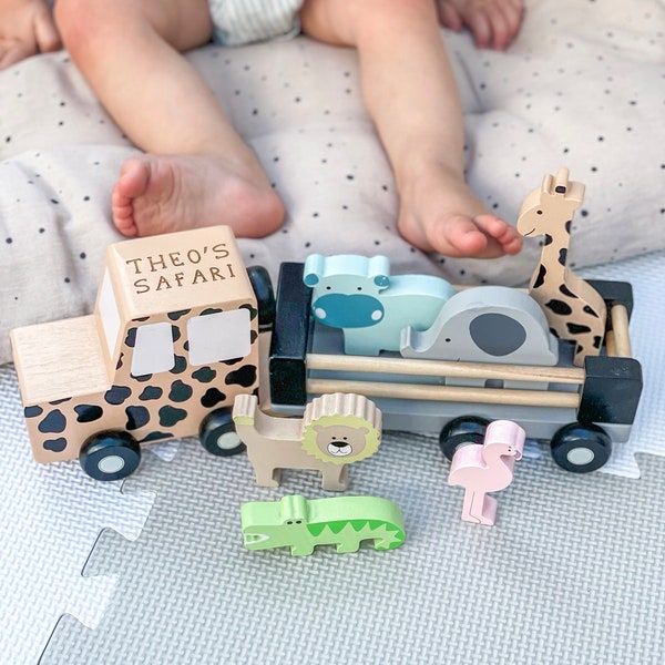 Personalised Wooden Safari Jeep Toy with Trailer and Animals