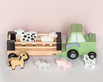 Personalised Wooden Farm Tractor Toy with Trailer and Animals