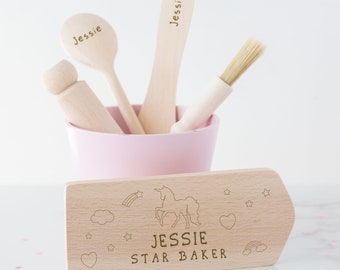 Juego de repostería de madera personalizado con diseño de unicornio para niños