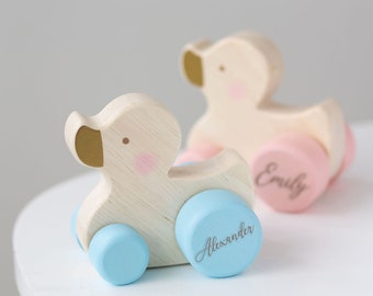 Personalised Kids Wooden Pink, Blue or White Push Duck Toy