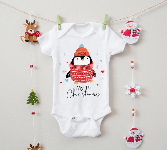 Personalised Baby First Christmas Penguin Babygrow/sleepsuit
