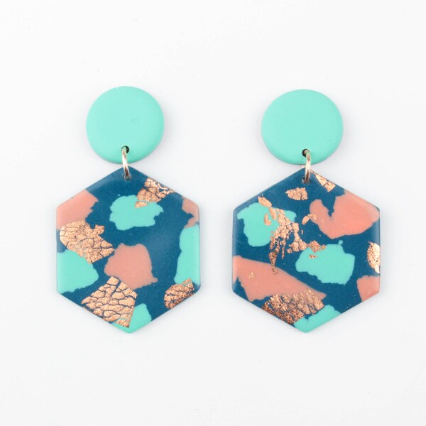 Bright Terrazzo Polymer Clay Statement Earrings, Modern Handmade Earrings in 80s Style Colours, Hexagon Dangle Earrings with Copper Leaf