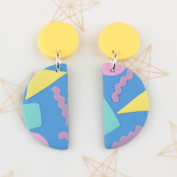 Pastel Pattern Polymer Clay Statement Earrings, Modern Handmade Earrings in 80s Style Multicolour Pastels, Semicircle Yellow Dangle Earrings