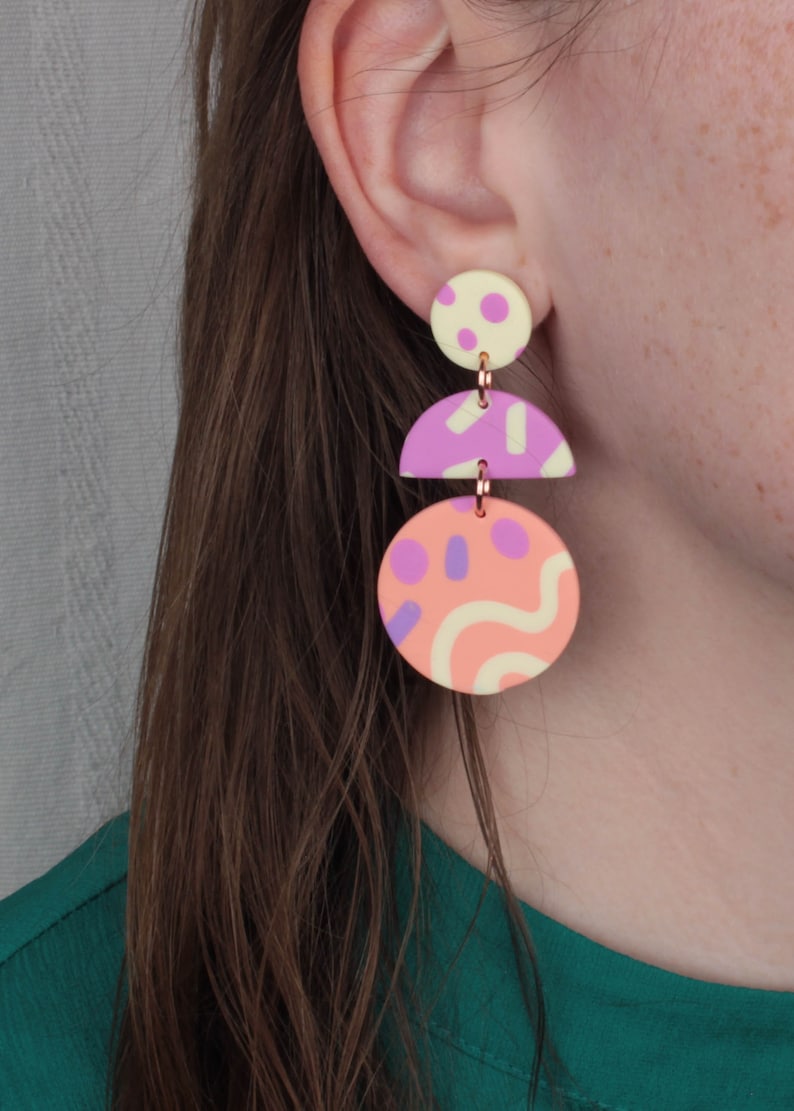 funky 90/'s earrings retro statement earrings Dangle clay earrings