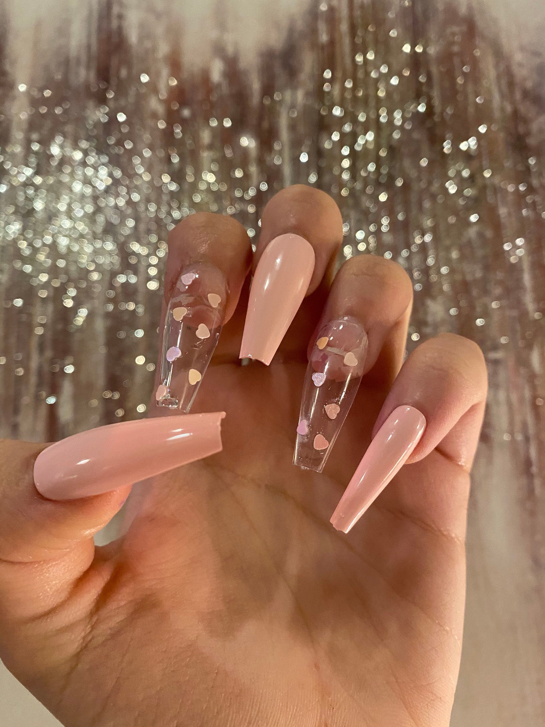 Light Pink Reflective Heart Clear Press on Nails Coffin - Etsy